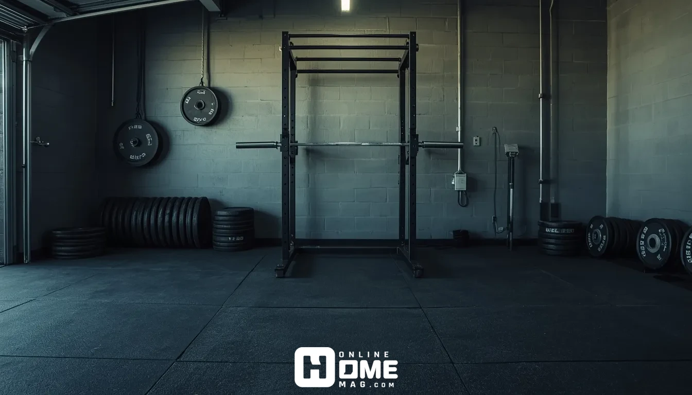 **Image idea 1:** A garage gym with dark rolled rubber flooring, a squat rack, and weight plates neatly arranged along the wall.