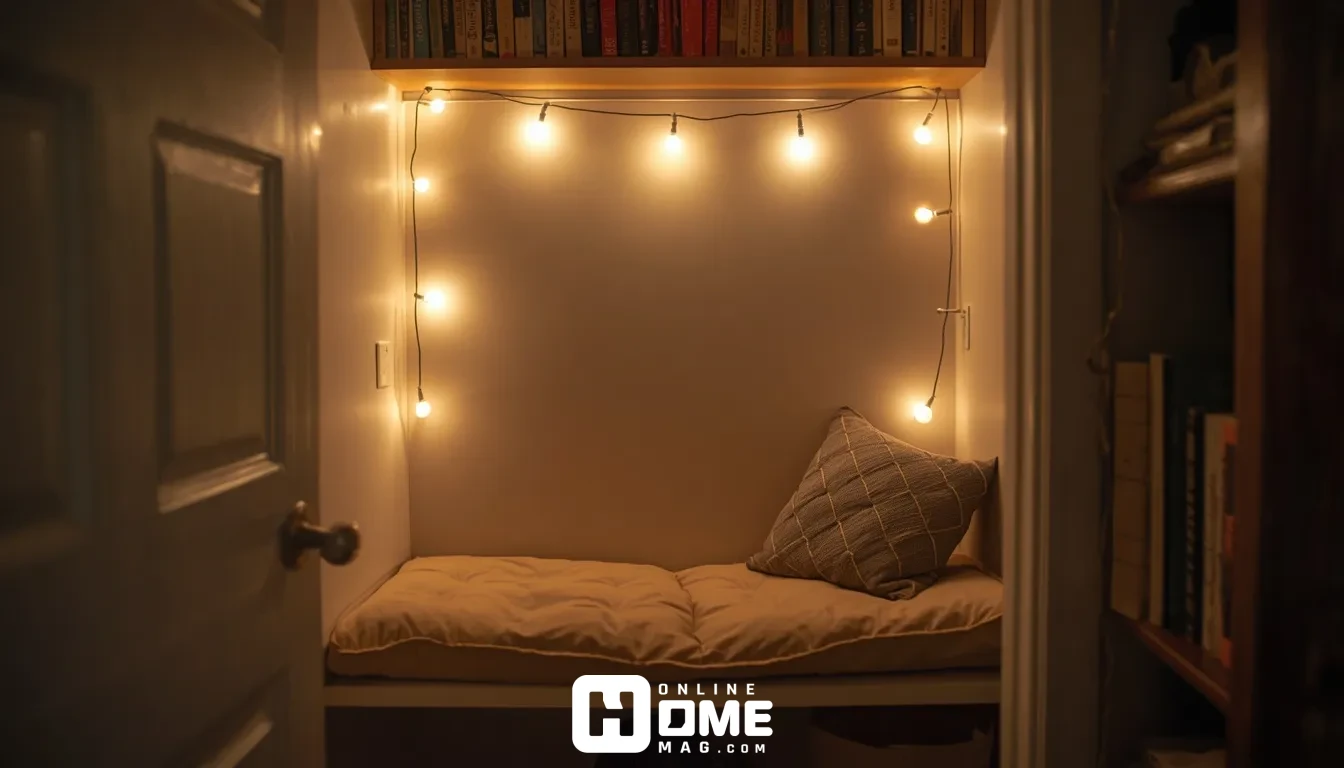 closet turned into a cozy corner reading nook