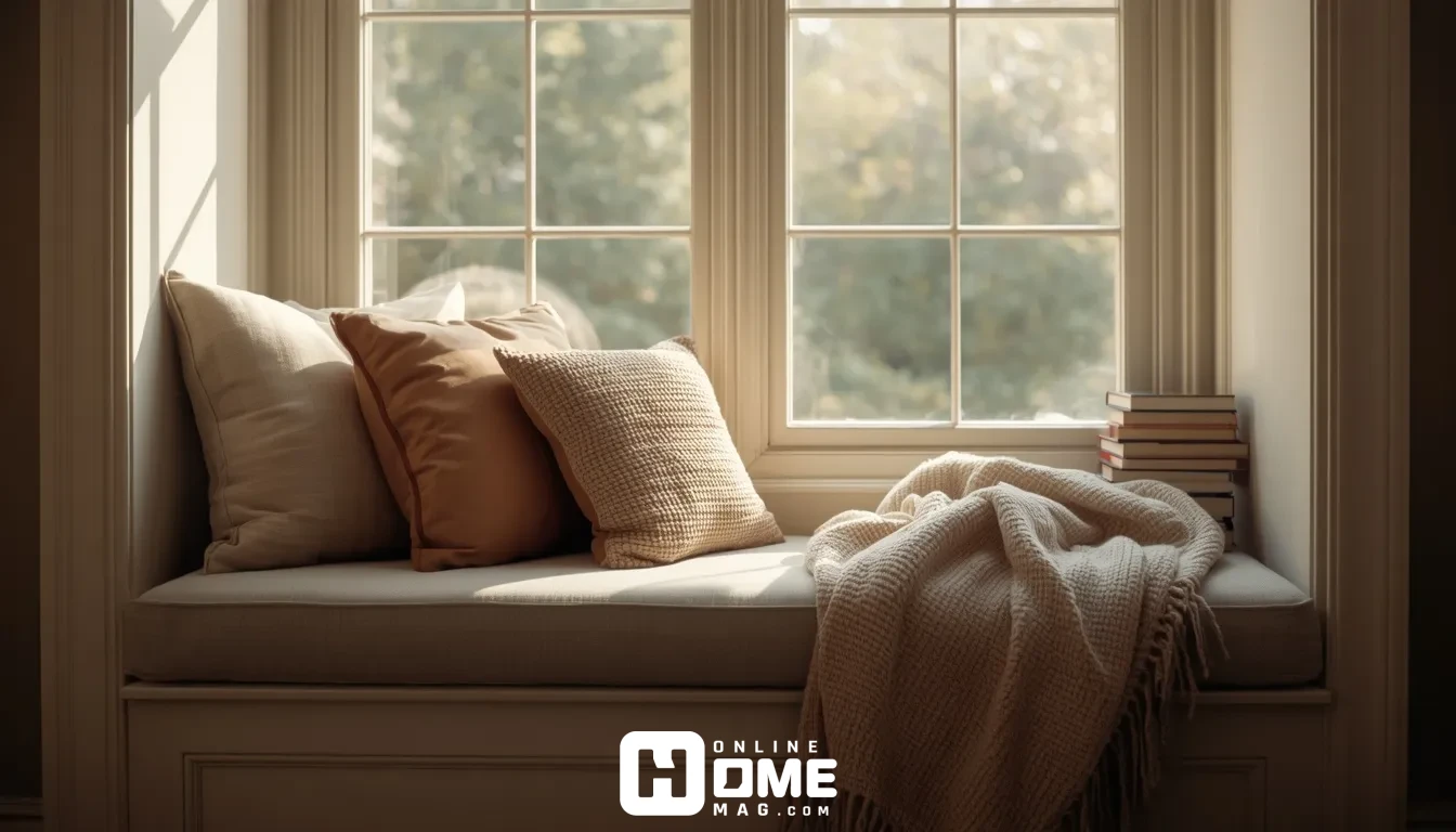 window seat cozy corner with natural light and layered cushions