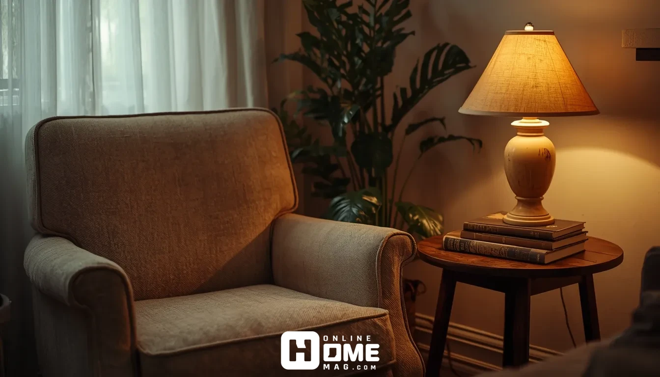 cozy armchair reading nook with warm lamp lighting and plants