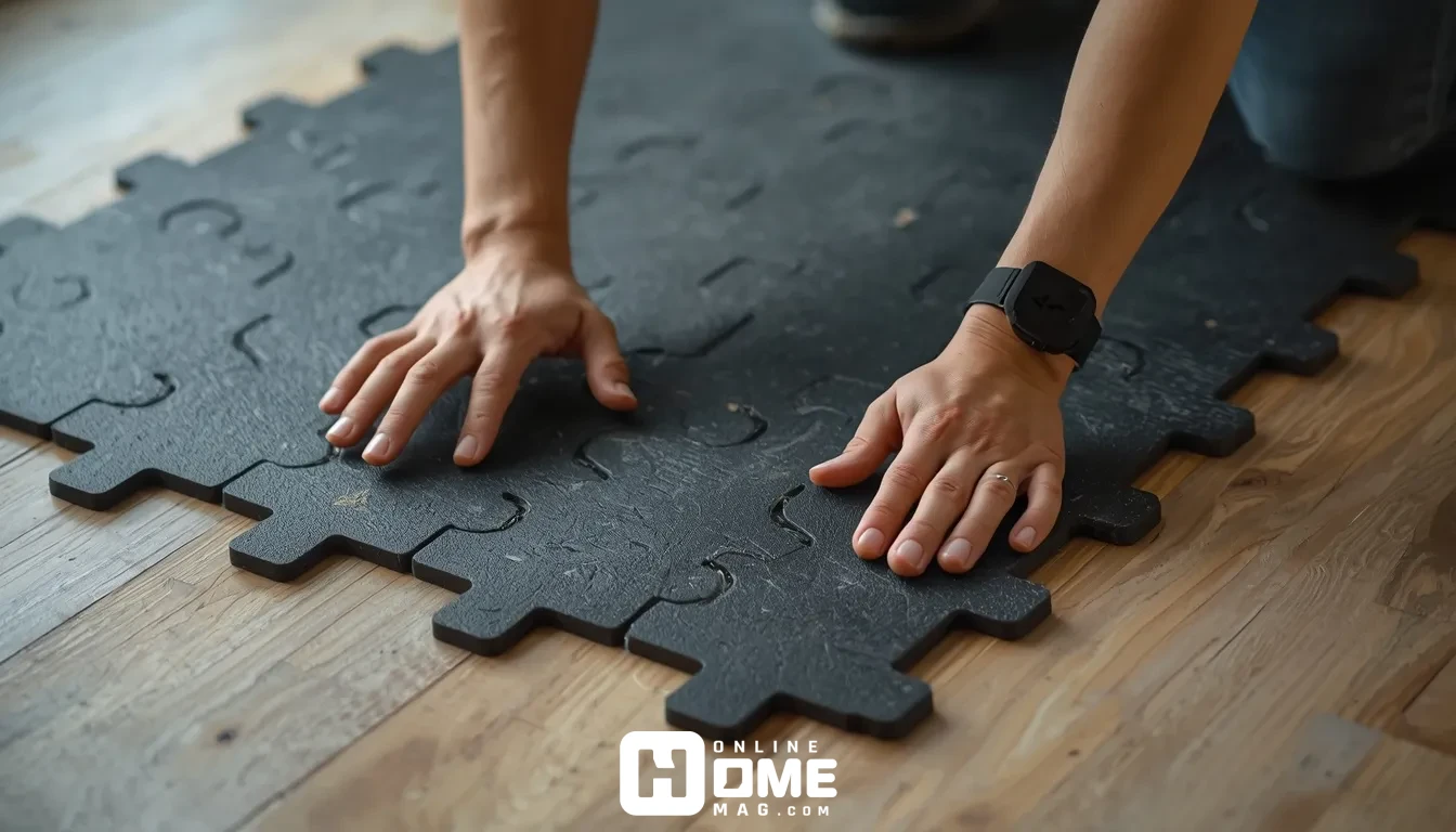 DIY installation of interlocking home gym flooring tiles