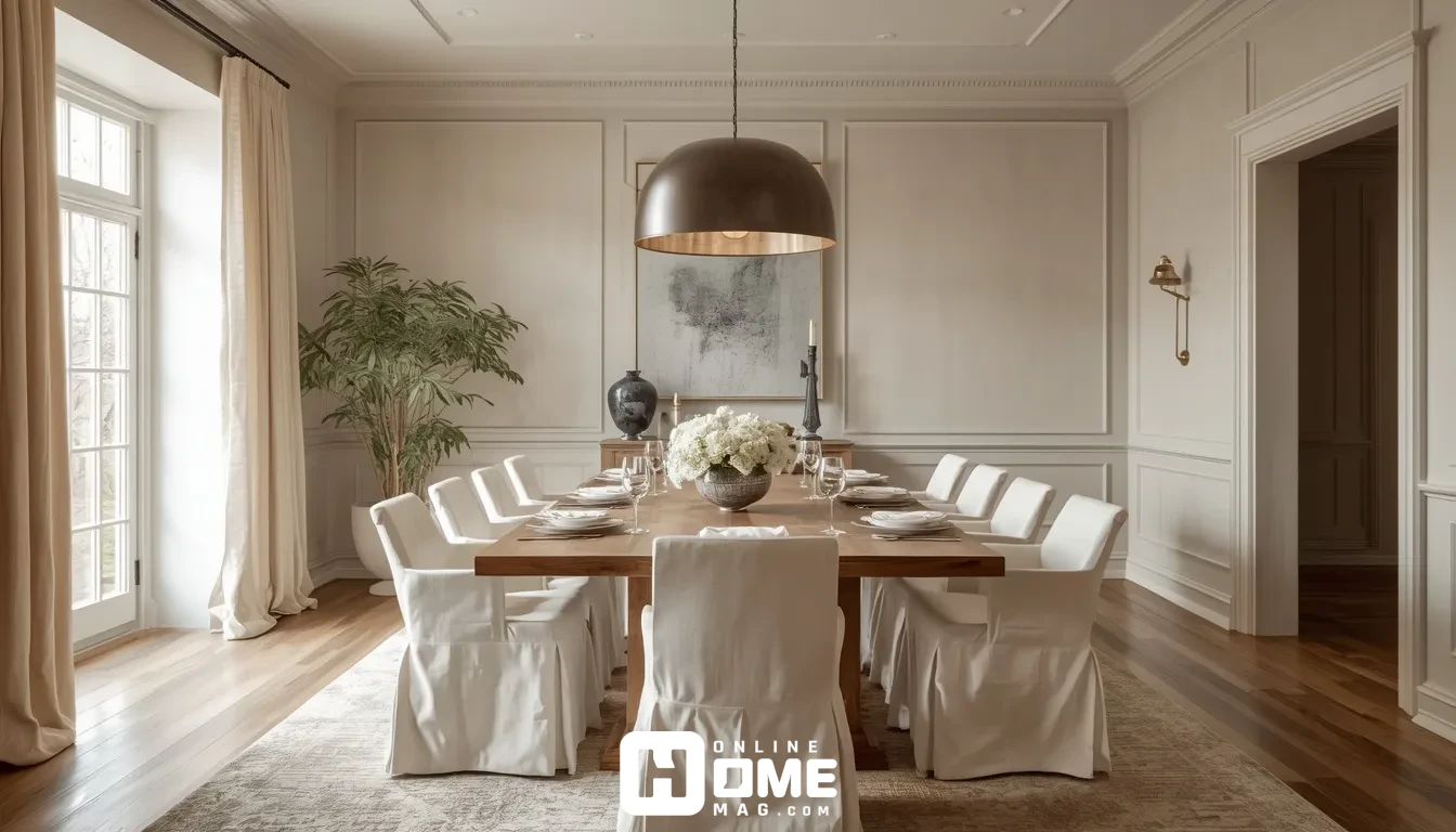 Dining room with skirted dining chairs around a wooden table