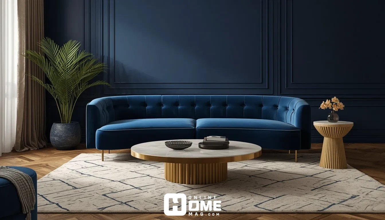 Neo art deco living room with a curved velvet sofa 